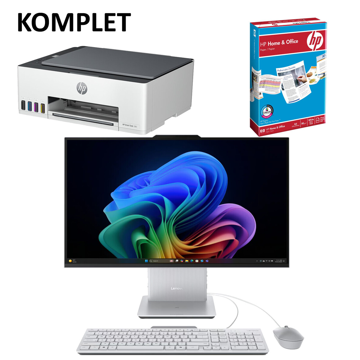 Paket LENOVO IdeaCentre AIO 27 (vse-v-enem), Intel Core Ultra 5 325, 27-palčni QHD, 16 GB, 512 GB, FREEDOS; v kompletu HP tiskalnik Smart Tank 580 in papir za pisarno.