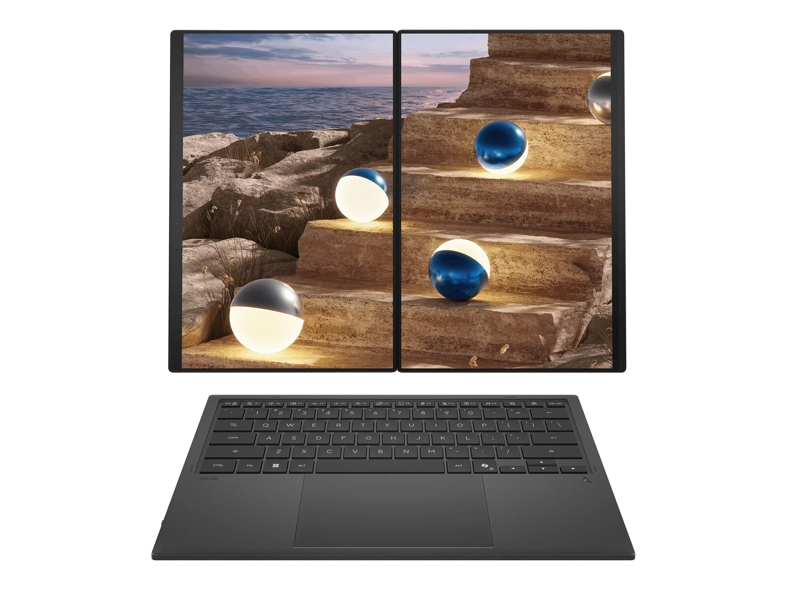 Prenosnik ASUS Zenbook Duo UX8407AA-SN094X z Intel Core Ultra X9 388H, 14-palčnim WQXGA+ OLED zaslonom, 32 GB LPDDR5X RAM, 2 TB PCIe SSD in Windows 11 Pro.