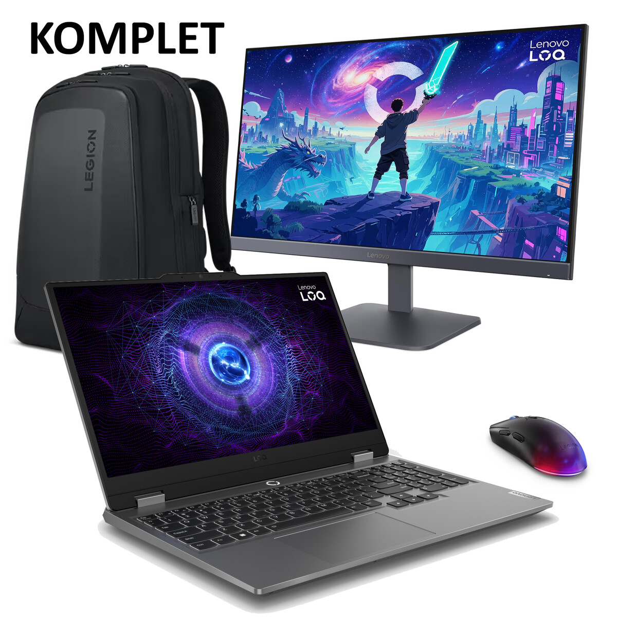 Komplet LENOVO LOQ: prenosnik z Intel Core i7-13650HX, 15,6-palčnim zaslonom, 32 GB RAM, 1 TB SSD, grafično kartico RTX 4050 in DOS, vključno s 23,8-palčnim monitorjem LOQ 24-10, miško in nahrbtnikom.