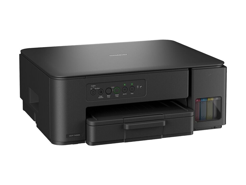 BROTHER DCP-T430WYJ1 — barvni brizgalni večfunkcijski tiskalnik A4 s sistemom rezervoarjev za črnilo, hitrostjo 16/9 ipm, brezžičnim povezovanjem in podporo AirPrint.