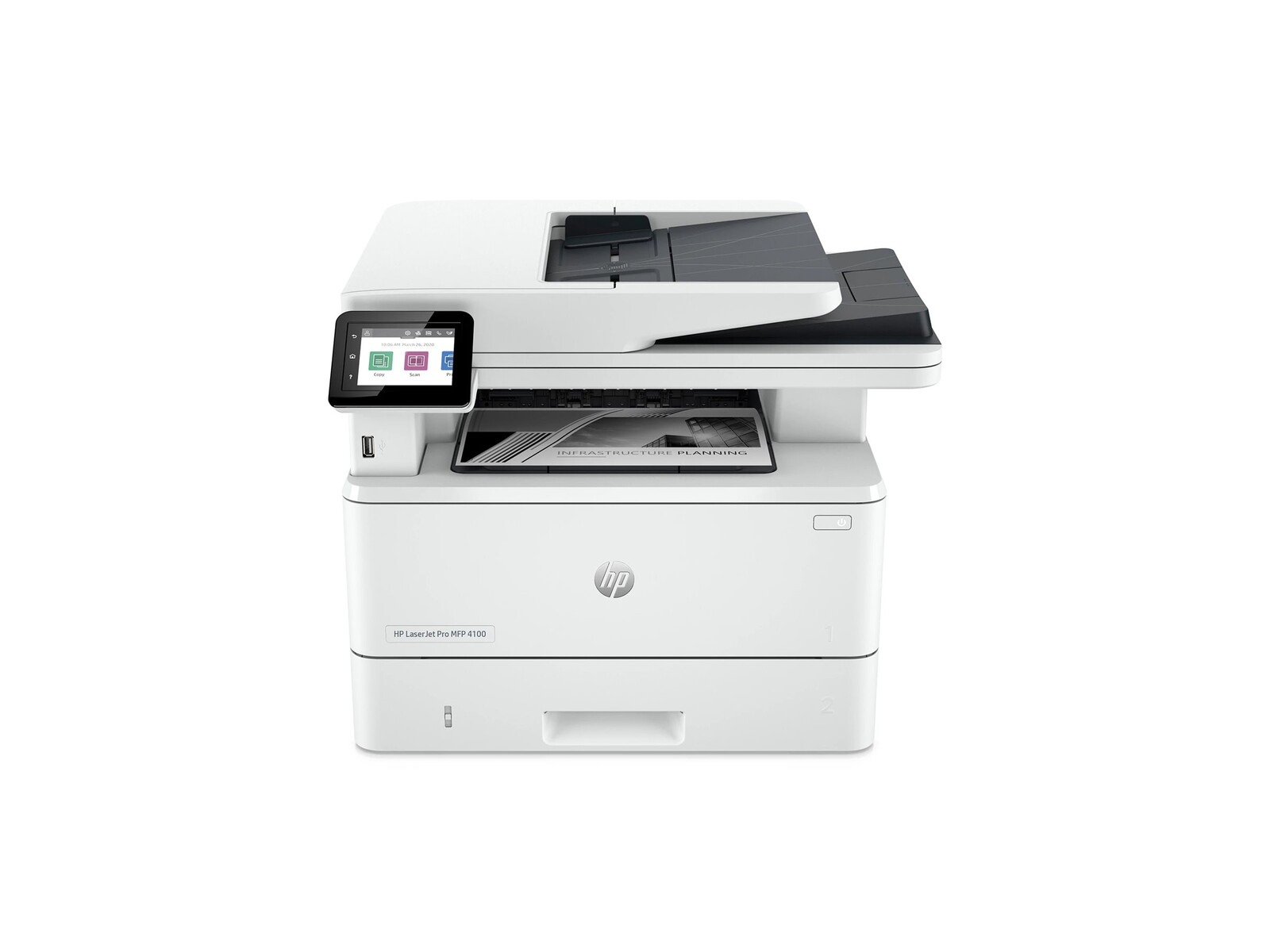 HP LaserJet Pro MFP 4102fdn, večfunkcijski monokromatski laserski tiskalnik za format A4; tisk do 40 ppm, kopiranje do 38 ppm, kapaciteta papirja 350 listov, povezljivost LAN in USB.